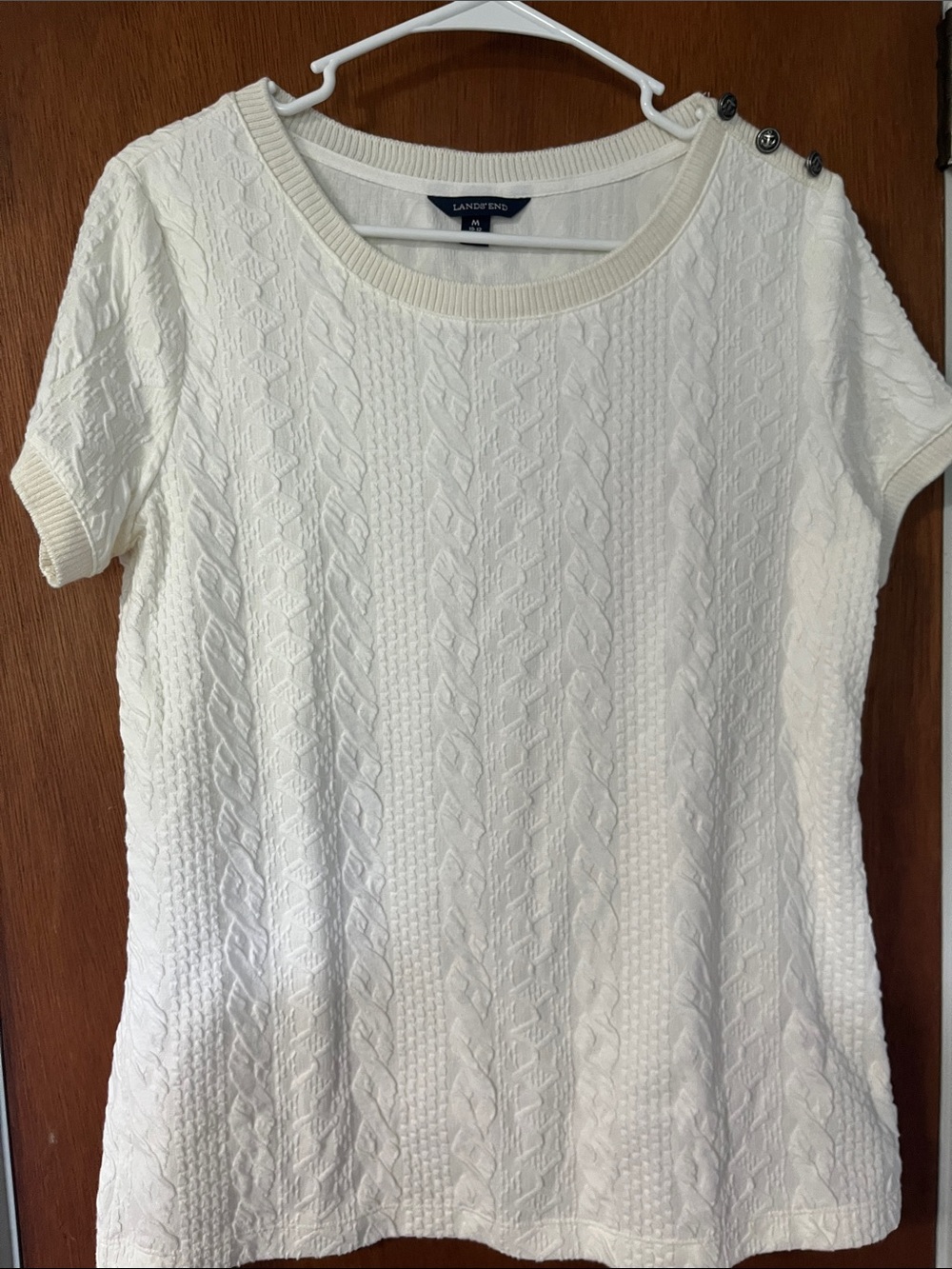 Lands' End Cream and White Cable-Knit Texture Short Sleeve Top